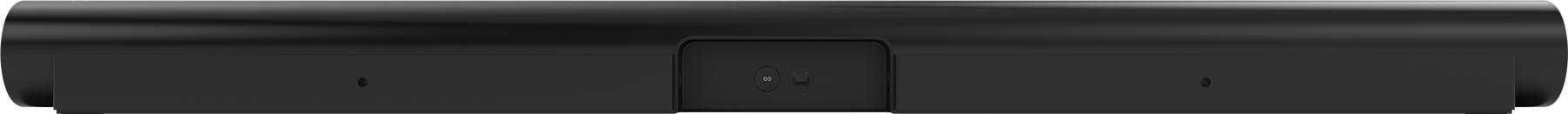 Eine schwarze Soundbar mit Logo und Power-Taste.