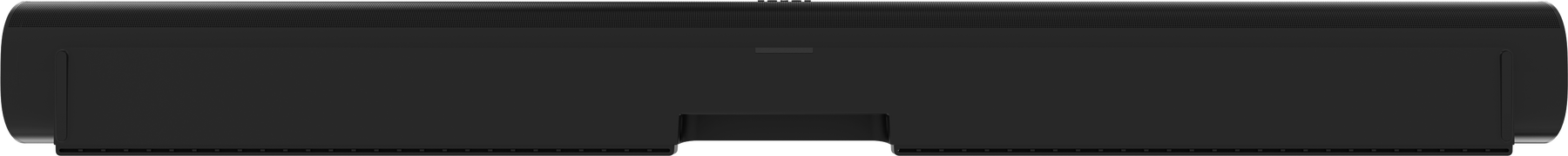 Eine lange, schwarze Soundbar vor schwarzem Hintergrund, leicht angewinkelt.