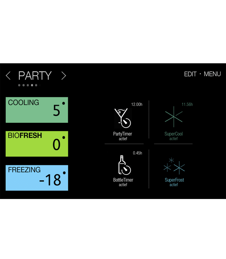 Black screen displaying a fridge's control panel with options for cooling and freezing.