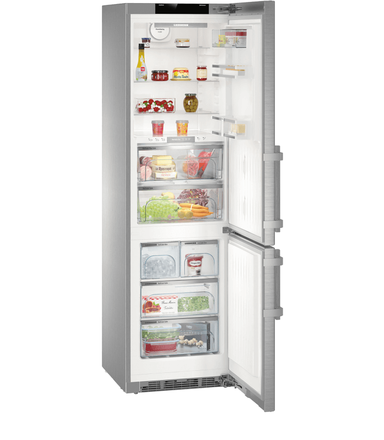 Refrigerator with open doors, filled with food and drinks.