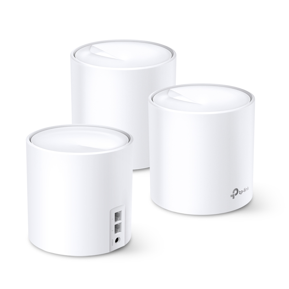 Three white, cylindrical TP-Link mesh Wi-Fi extenders on a white background.