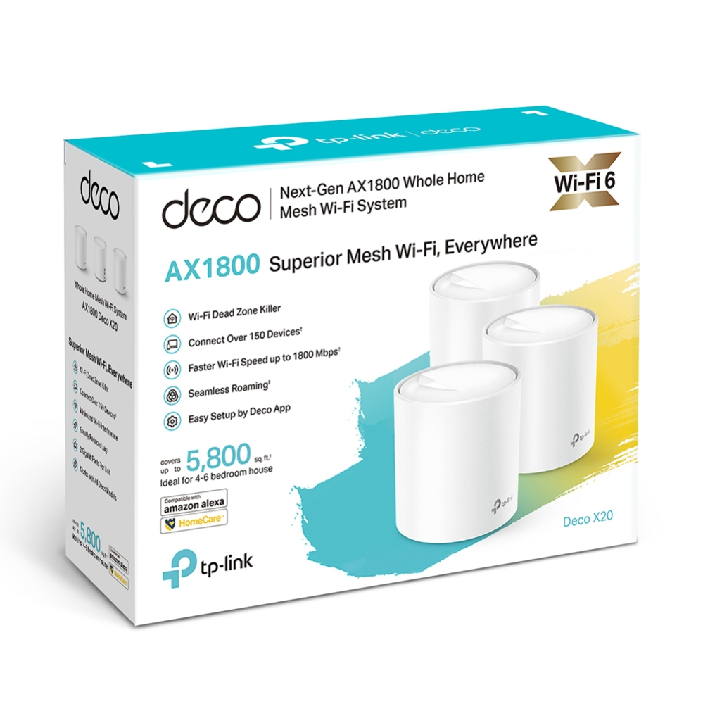 Box for a mesh Wi-Fi system with three units, text about features, and a Wi-Fi 6 logo.