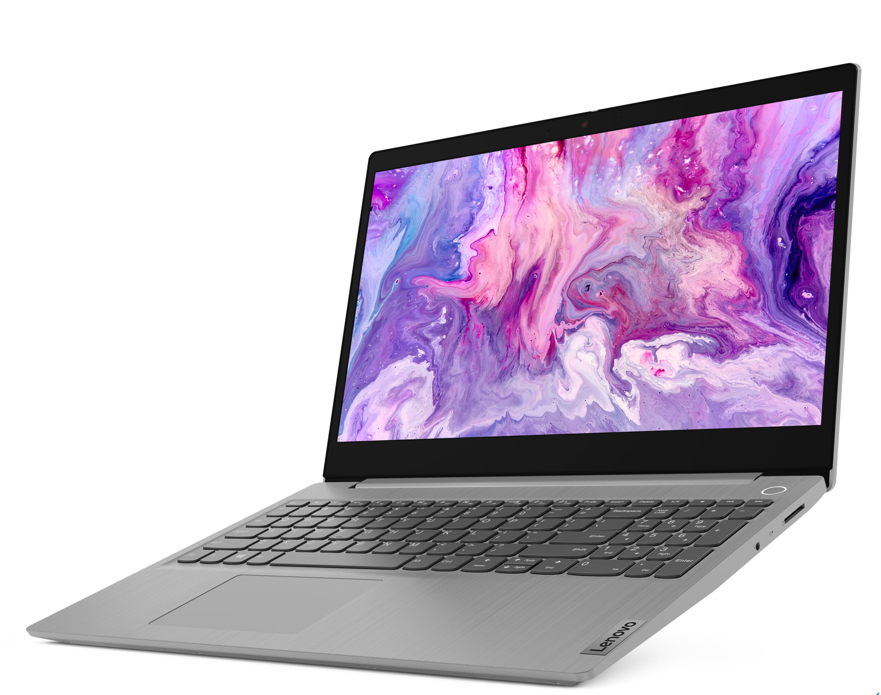 Siyah arka plan üzerinde renkli bir ekranı olan gri dizüstü bilgisayar. Aşağıda Lenovo yazıyor.