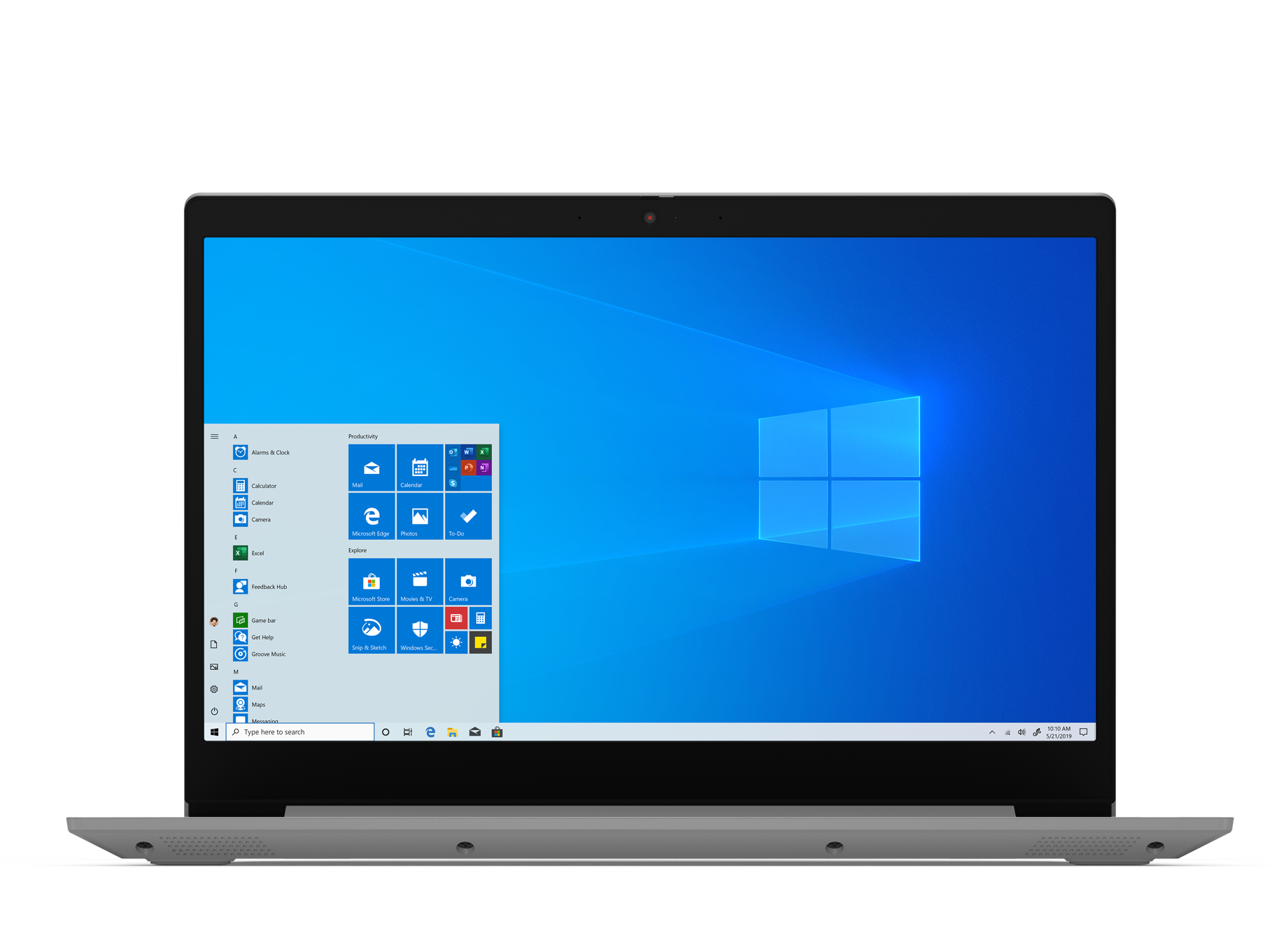 Mavi arka planlı Windows 10 başlangıç ekranını göstermek için açık gümüş bir dizüstü bilgisayar.