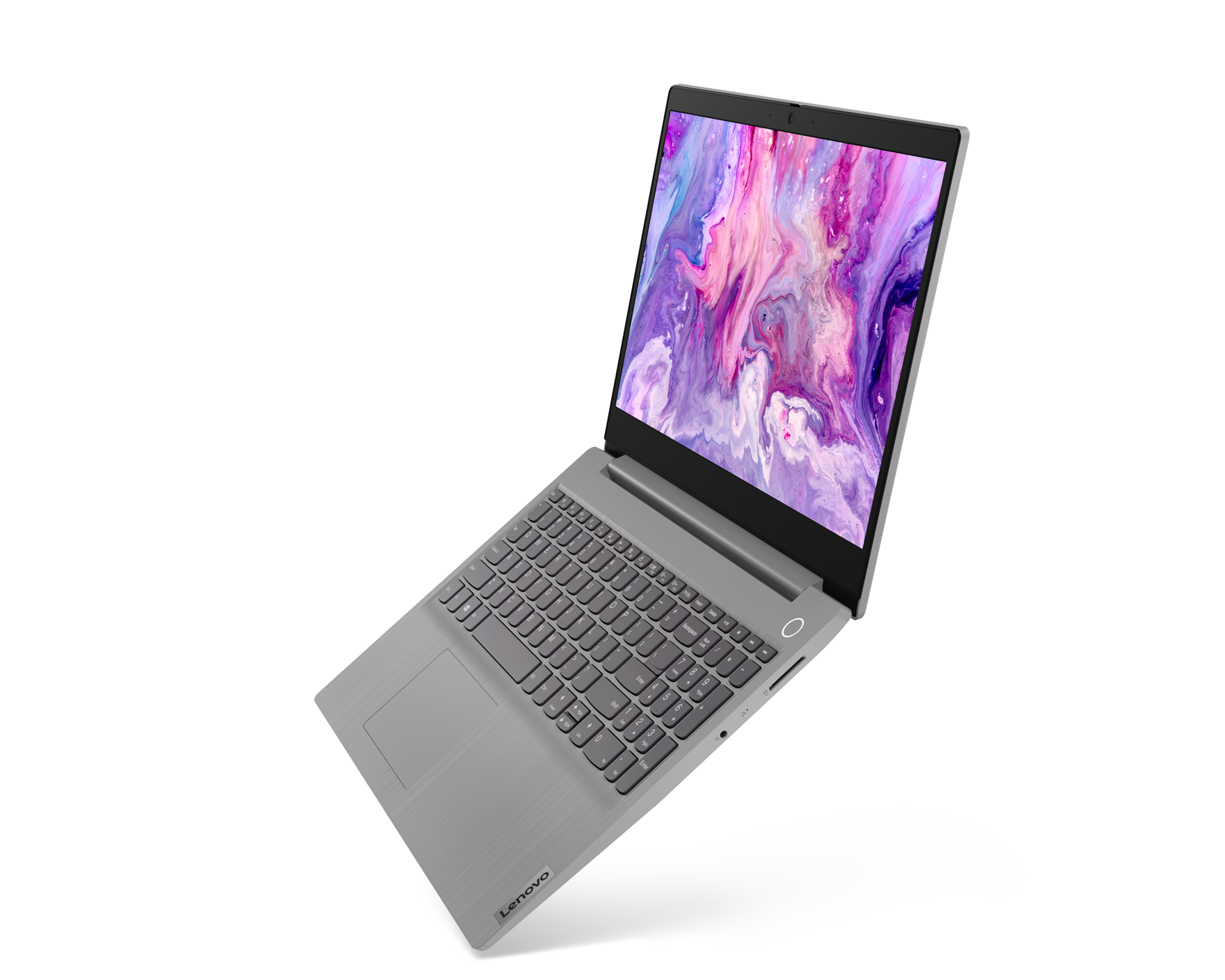 Siyah bir arka plan üzerinde gri bir Lenovo dizüstü bilgisayar. Ekran açık, renkli, soyut bir görüntü görüntülüyor.