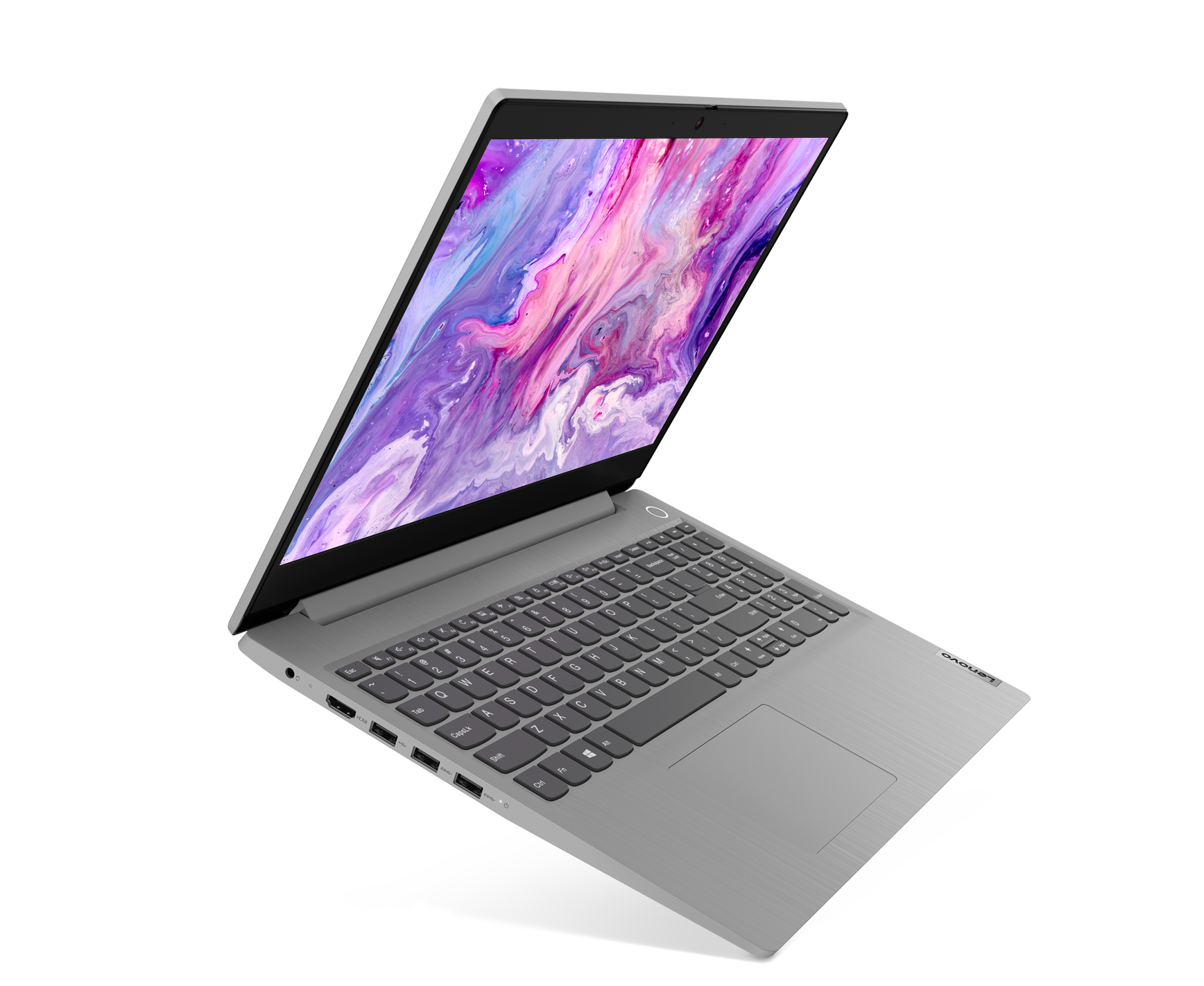 Beyaz bir arka plan üzerinde, açık ve yana doğru açılı bir Lenovo dizüstü bilgisayarı.