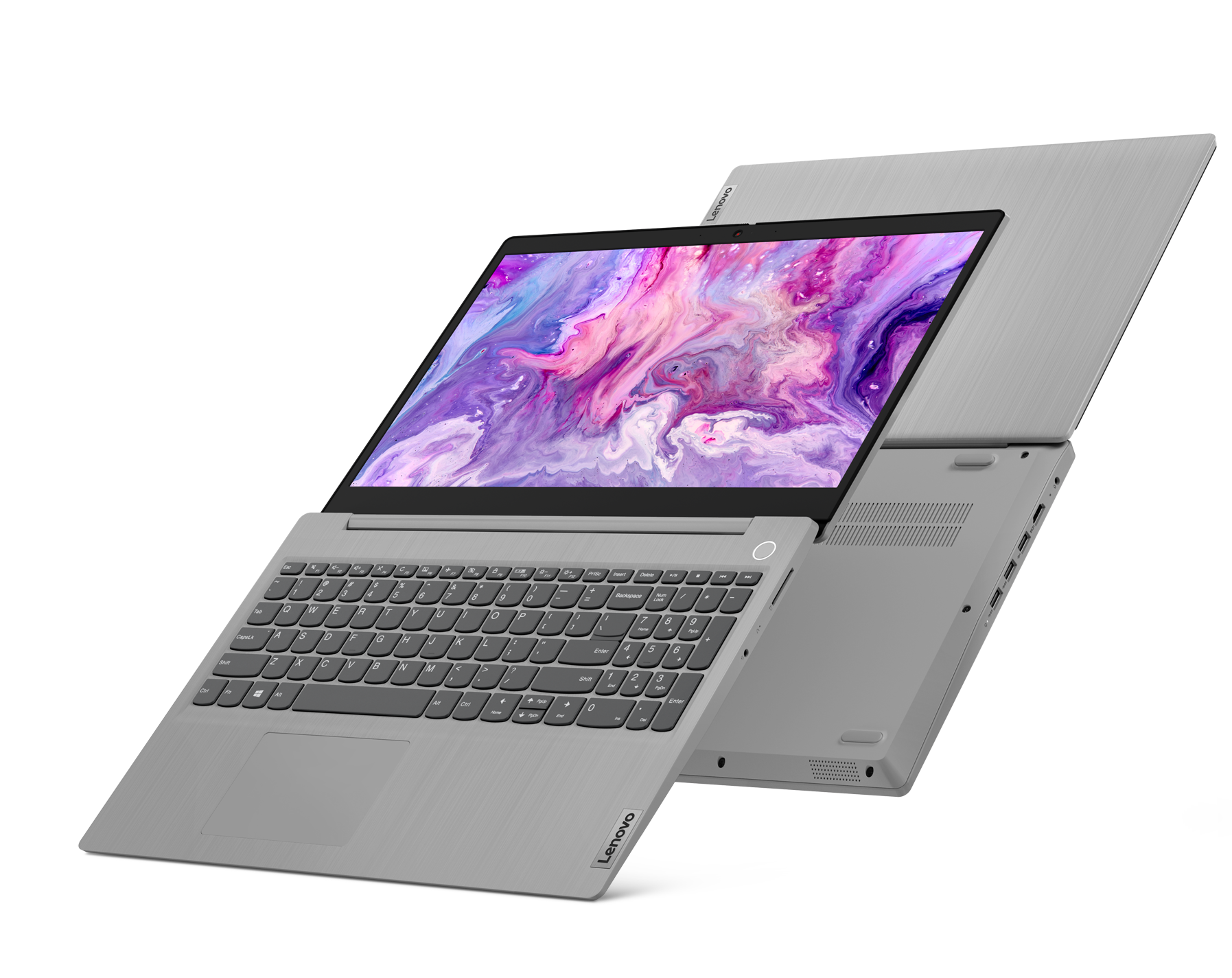 Siyah bir arka plan üzerinde iki gri dizüstü bilgisayar sergileniyor, biri açık, diğeri kapalı.