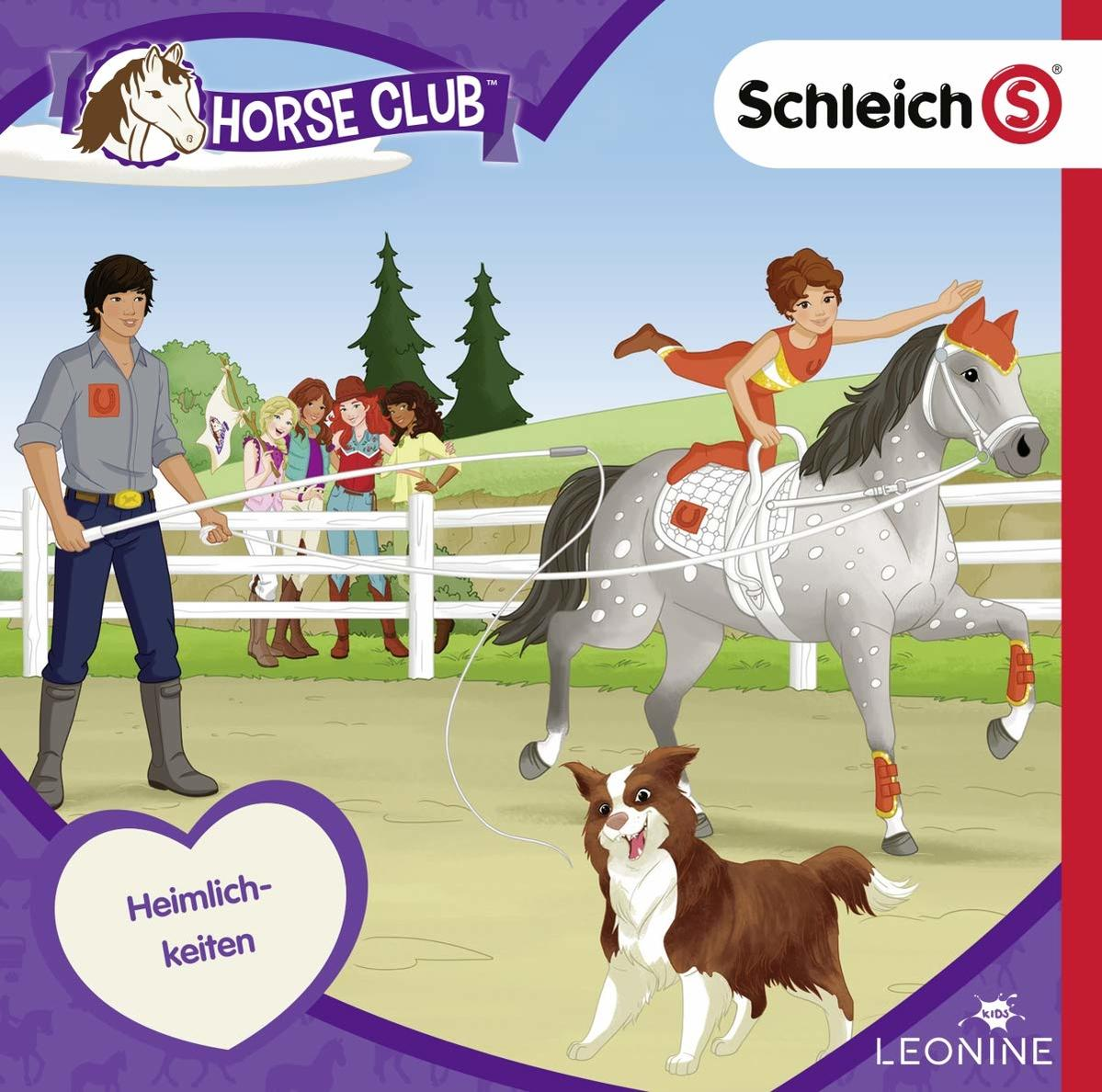Horse Club Buchcover. Mädchen reitet graues Pferd, andere Mädchen, Mann mit Seil, Hund.
