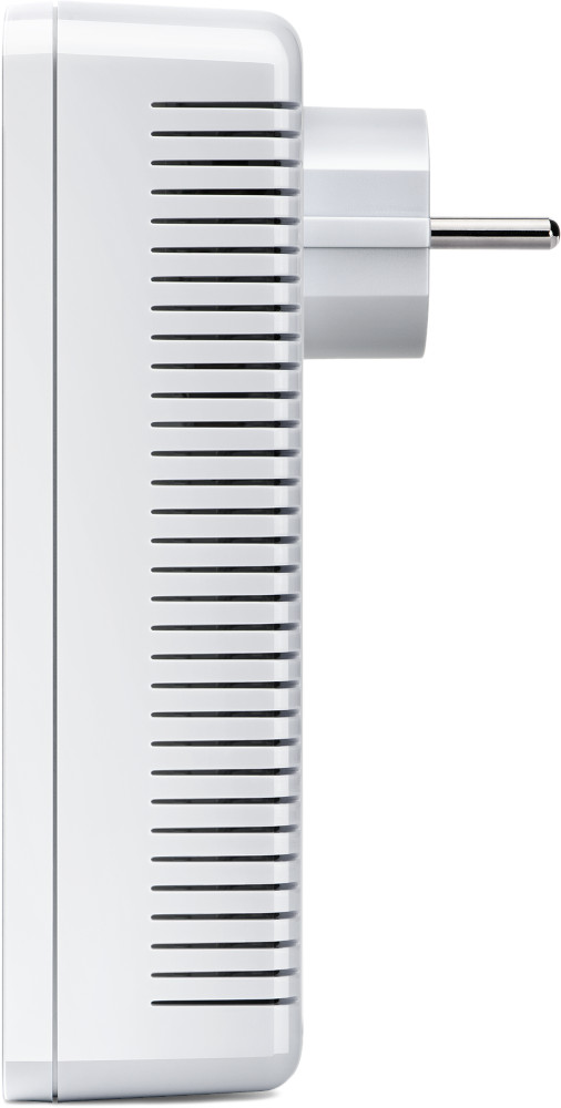 A white powerline adapter with a European plug. It has vents on one side.