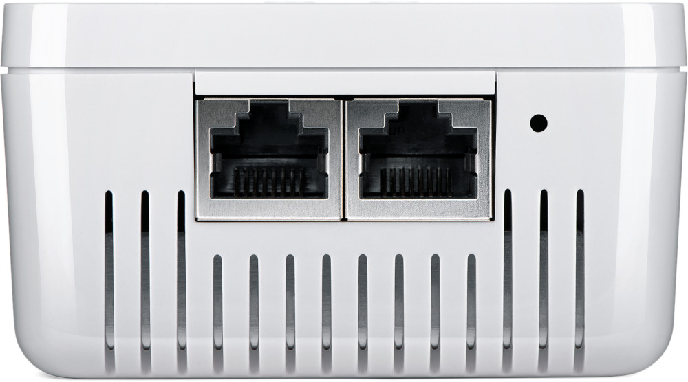 White router with two ethernet ports, close up view of the back.