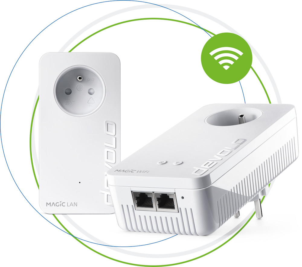 Two white Devolo devices, one plugged in, with a green WiFi symbol, on a white background.
