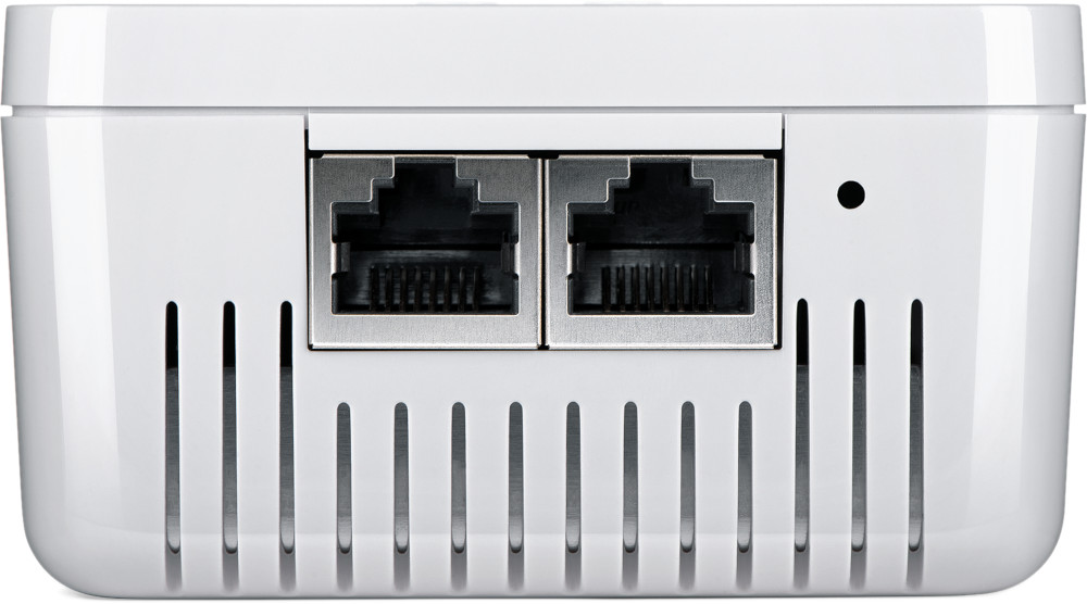 White router back with two network ports, vents, and a small black dot. Ports are metallic. The body is glossy white.