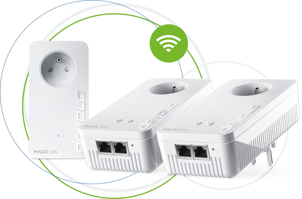 White Devolo Magic WiFi devices. One with plug, two with ethernet ports, and WiFi icon.