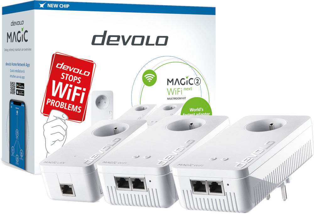 A white devolo Magic WiFi kit with multiple adapters, a box, and a hand holding a sign that says 'WiFi problems'.