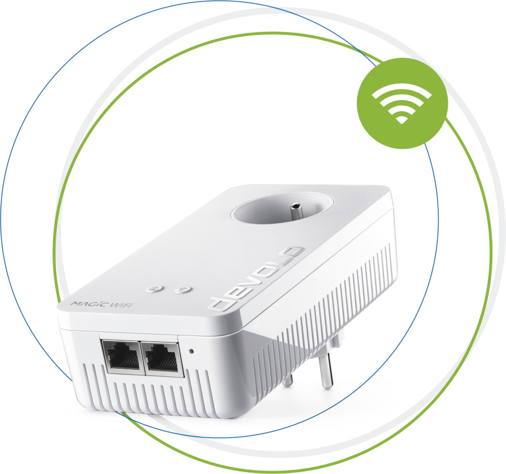 Witte Devolo Magic WiFi adapter. Het heeft een stekker, Ethernet poorten en een WiFi symbool. Het is omringd door groene en blauwe cirkels.
