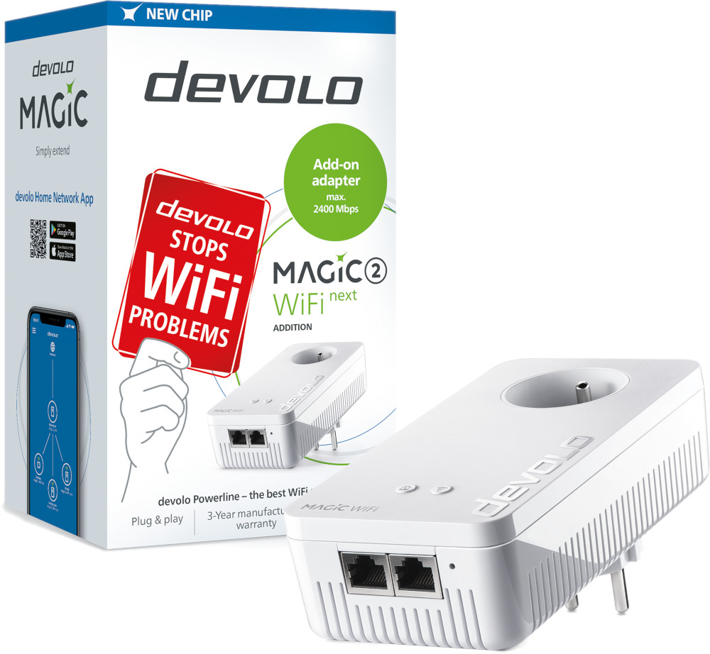 Witte Devolo WiFi-adapter en doos, adverteert met 'stopt wifi-problemen'. De doos toont app-gebruik. De adapter heeft ethernetpoorten en een stekker.
