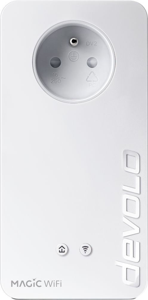 Witte devolo Magic WiFi-adapter met een stopcontact, twee knoppen en het woord 'devolo'. Het stopcontact zit bovenaan in het midden.