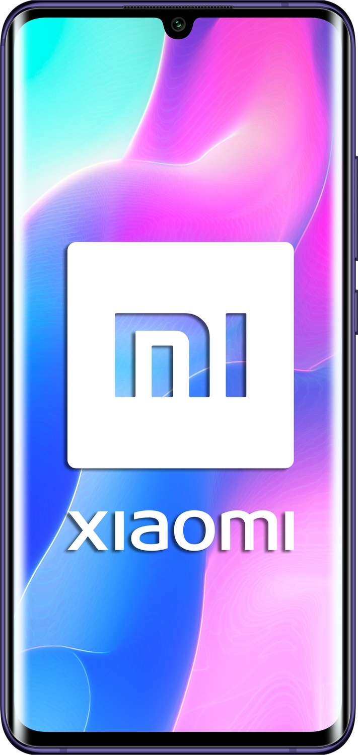 Un smartphone con una pantalla que muestra el logotipo de Xiaomi. El teléfono es púrpura y el fondo es azul.