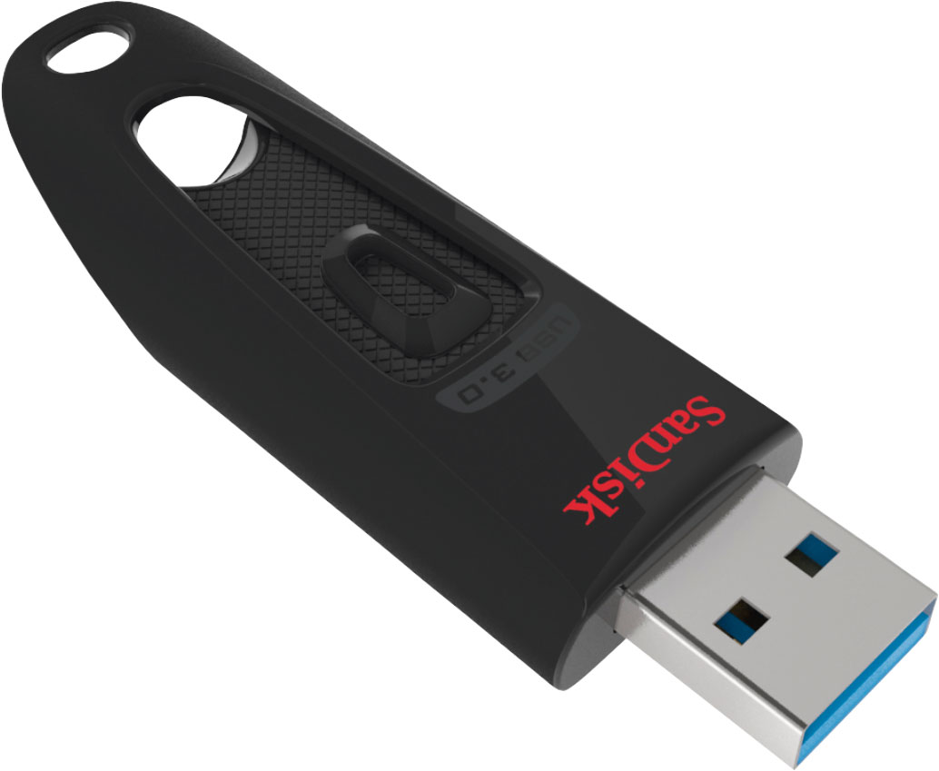 Clé USB noire et rouge avec logo.
