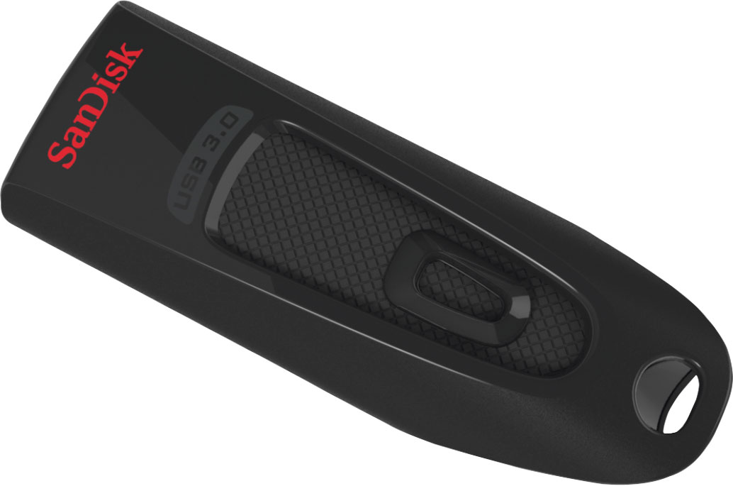 Clé USB 3.0 SanDisk noire avec logo SanDisk rouge. Fond blanc.