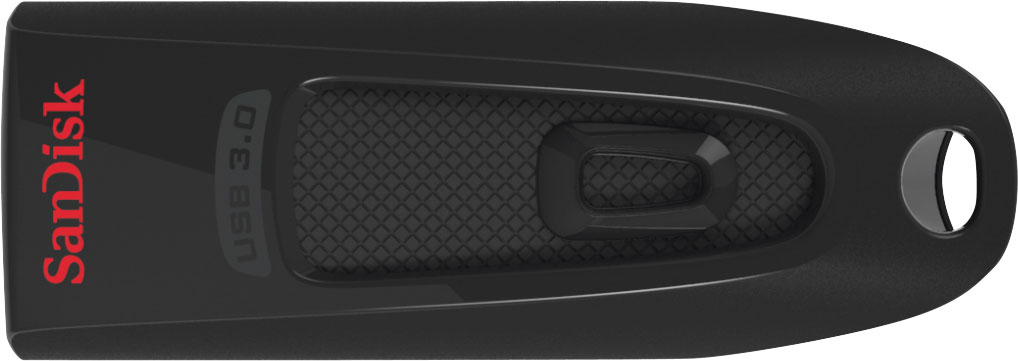 Clé USB noire. Elle a un corps noir et le logo 'SanDisk' en rouge.
