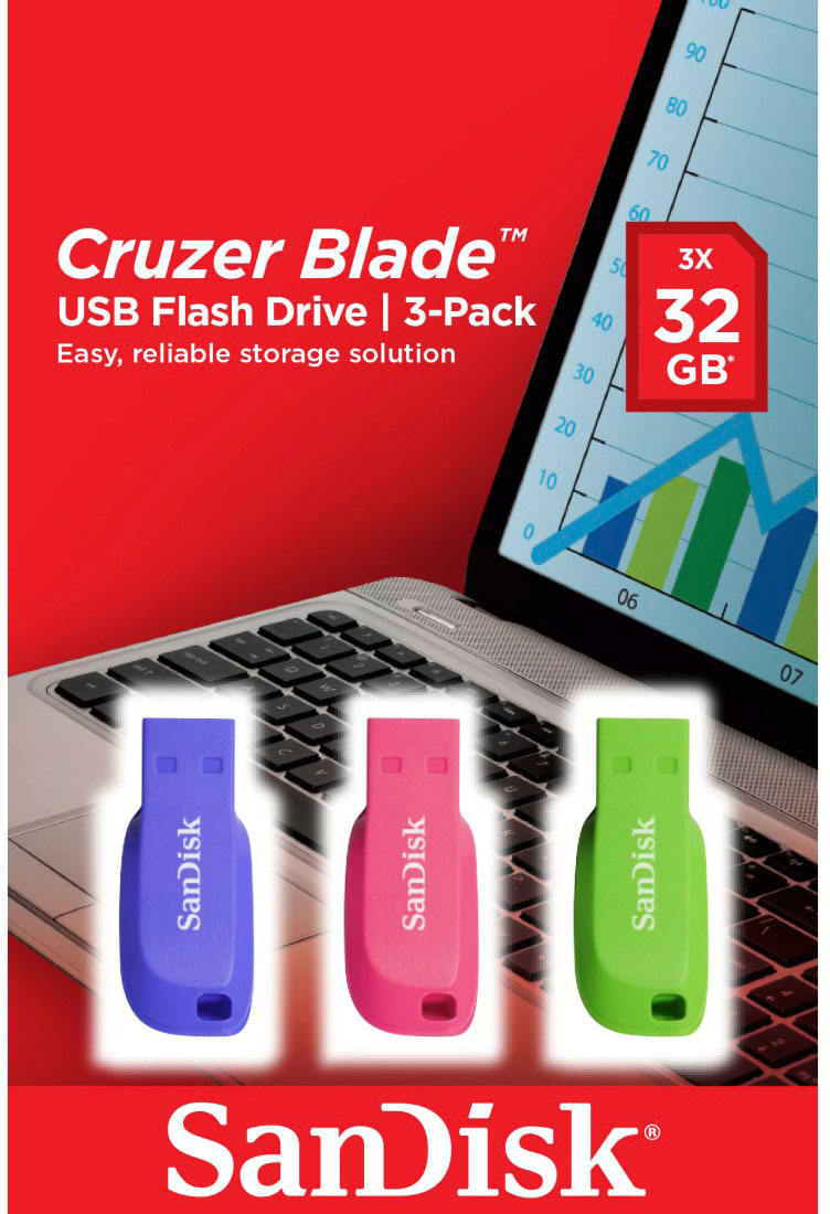 USB-flashdrives, drie kleuren: blauw, roze en groen, op een laptop.