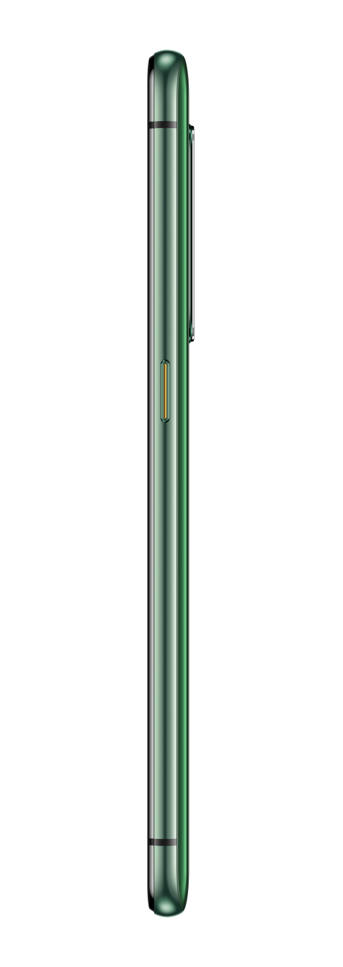 Smartphone verde. Vista lateral. Botones de volumen y encendido. Fondo negro.
