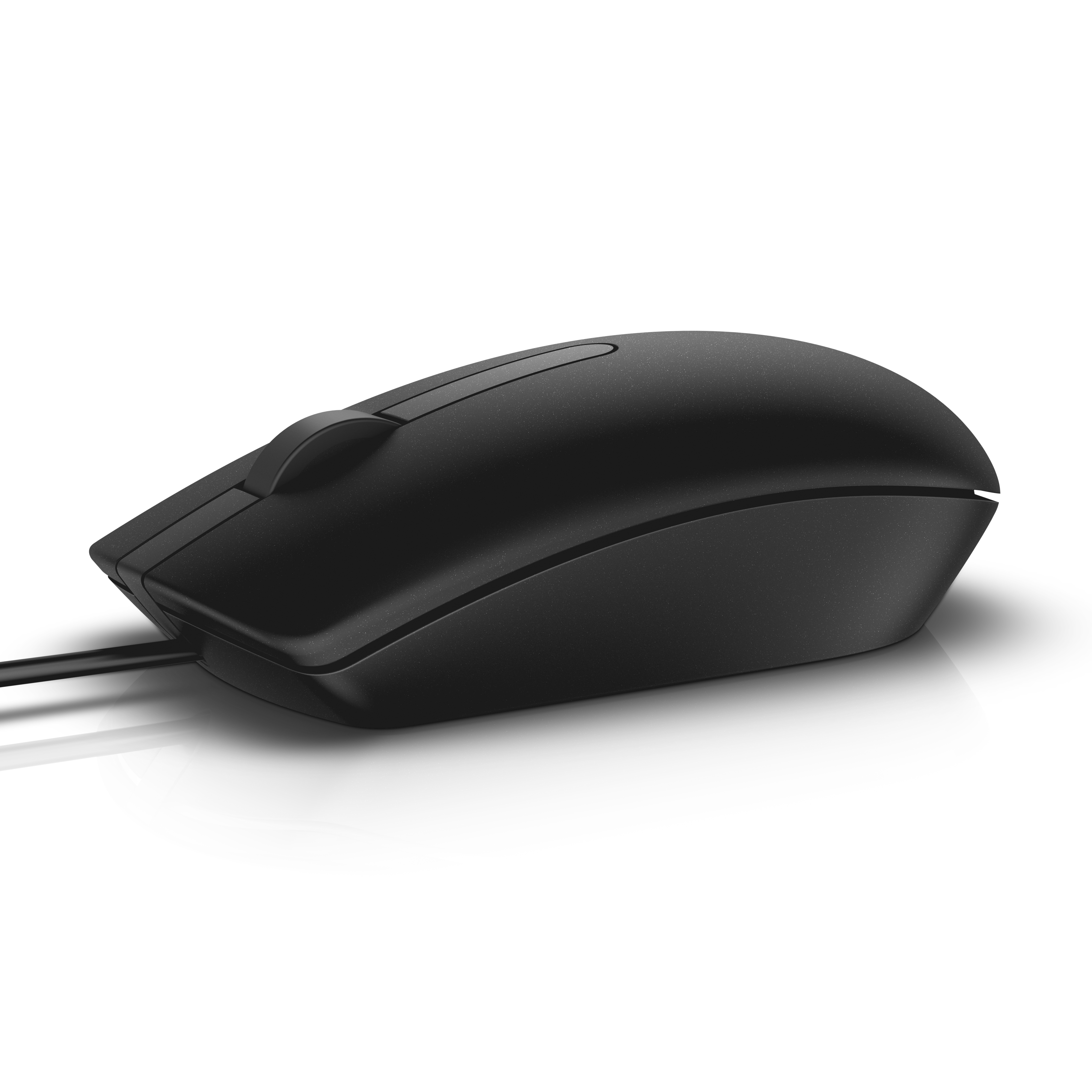 Eine schwarze Computermaus auf weißem Untergrund. Die Maus hat ein Scrollrad und ein Kabel.