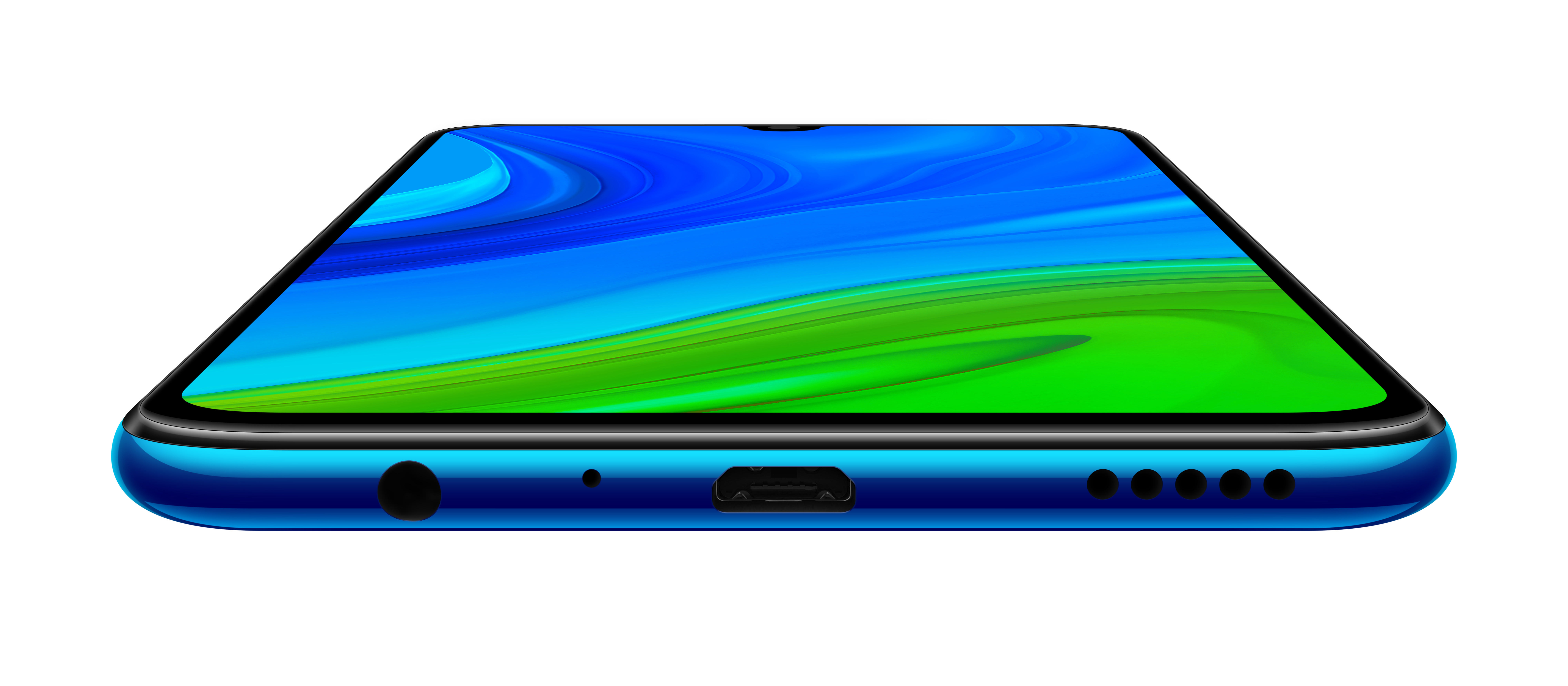 Blaue Telefonunterseite. Hat Ladeanschluss, Kopfhöreranschluss und Lautsprecher.