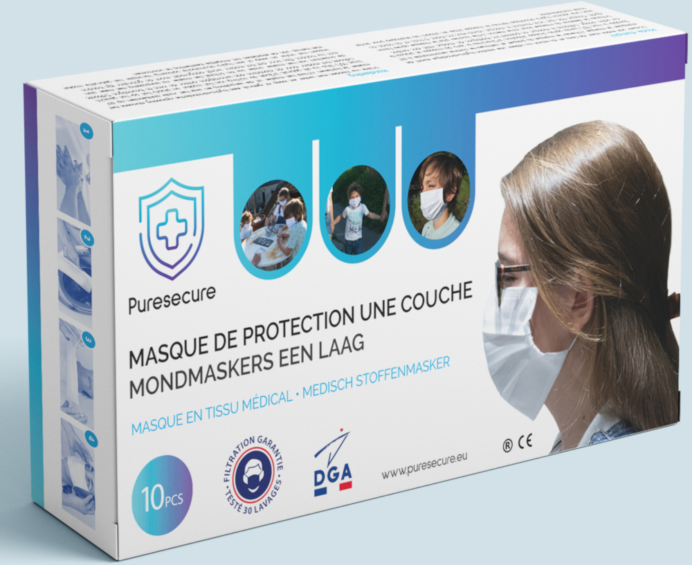Box of face masks with images of people wearing them.