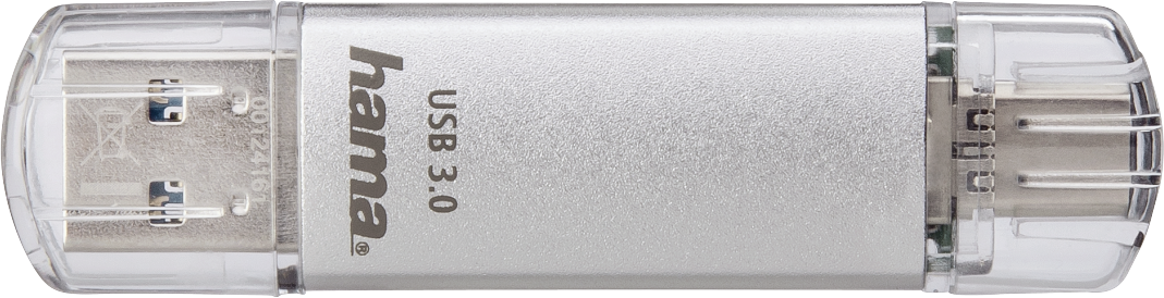 Silberner USB 3.0-Flash-Laufwerk mit transparentem Kunststoffdeckel, Markenname 'hama' sichtbar.