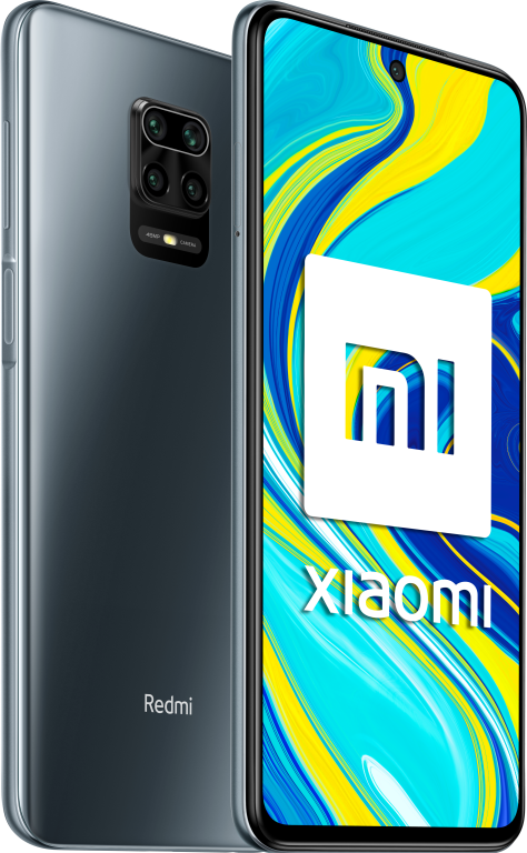 Teléfono Redmi gris con triple cámara y el logotipo de Xiaomi.