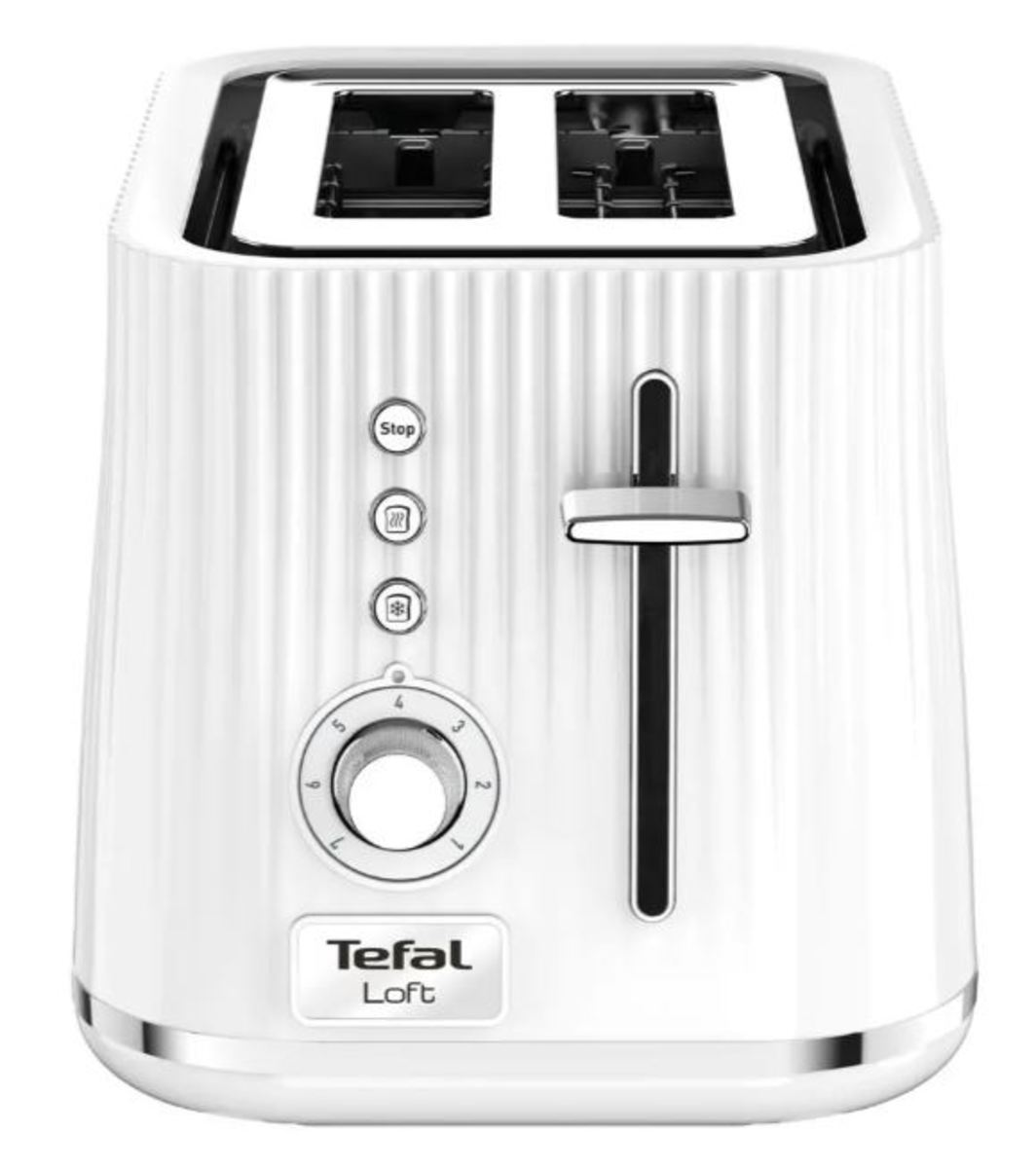 Fehér kenyérpirító szabályzó tárcsával, gombokkal és karral. Ezüst díszítések és TEFAL Loft márka.