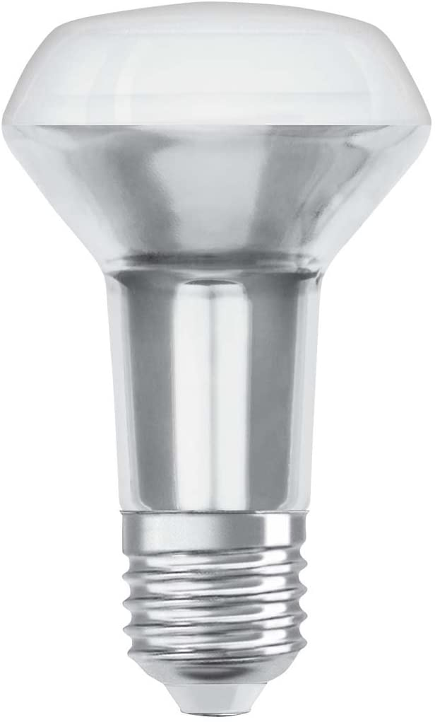 Ampoule réflecteur argentée avec un dessus clair et bulbeux et une base filetée.