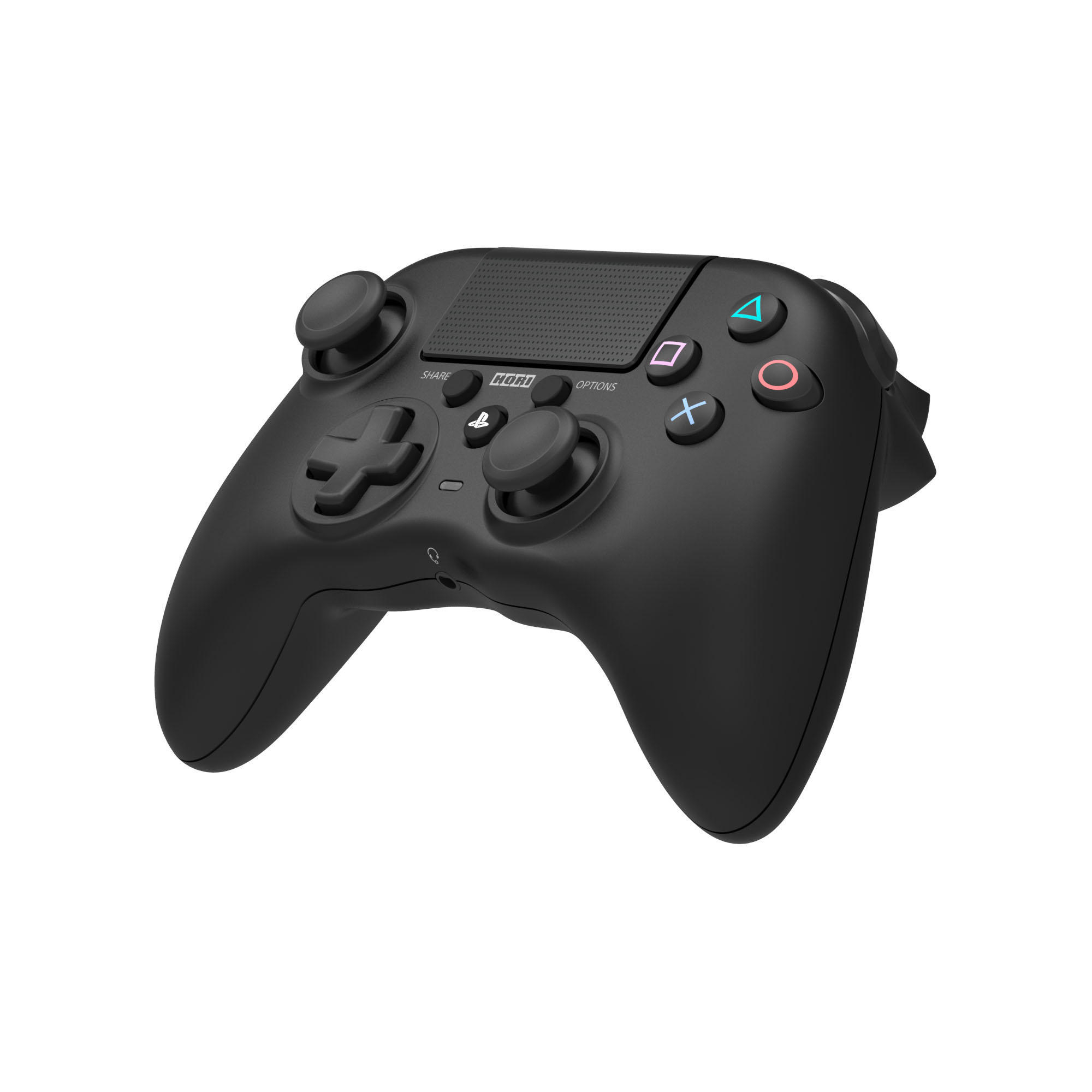 Schwarzer Gamecontroller mit Tasten: Teilen, Optionen, Quadrat, Dreieck, Kreis und Kreuz.