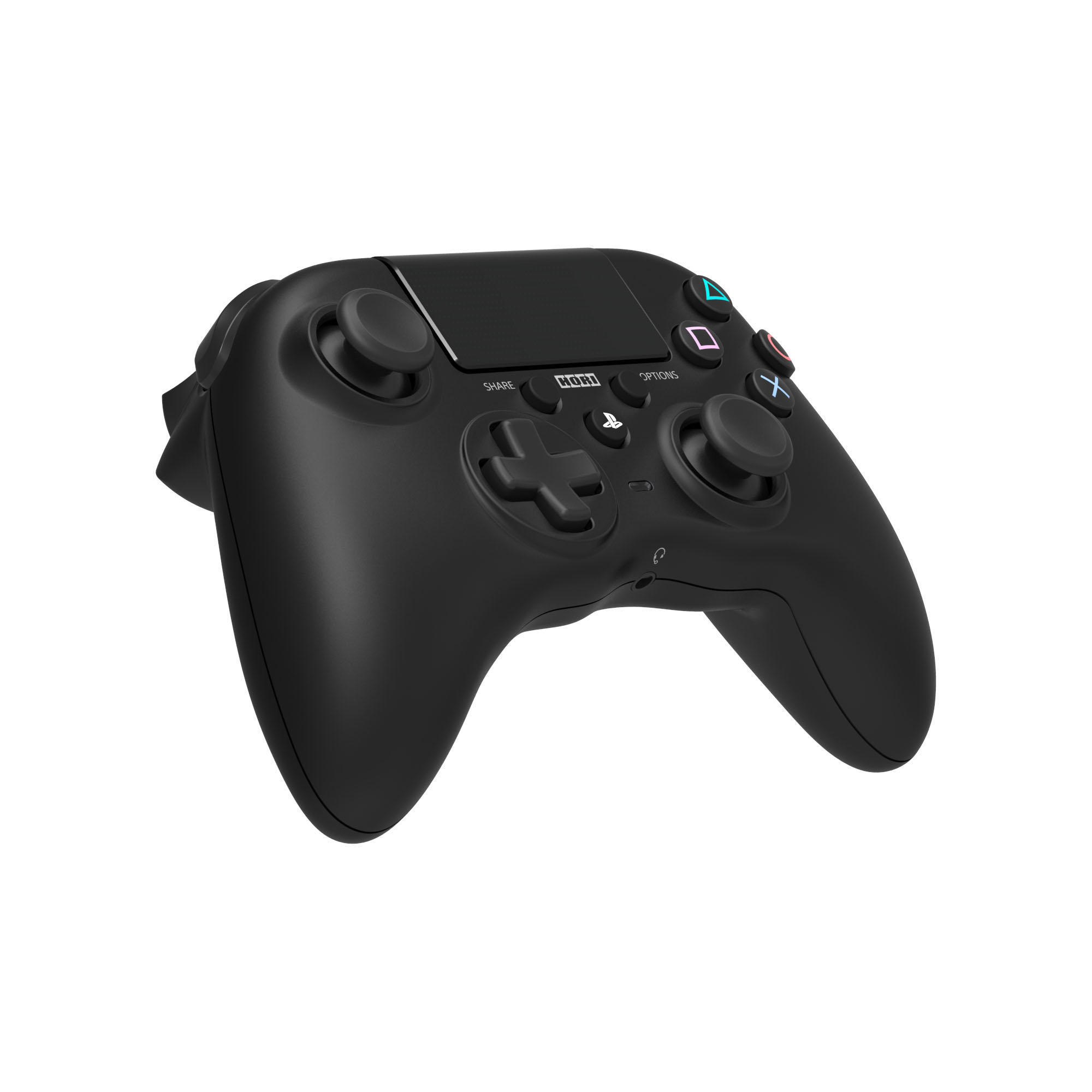Schwarzer Gamecontroller mit Share- und Optionstasten. D-Pad und zwei Joysticks, auf weißem Hintergrund.