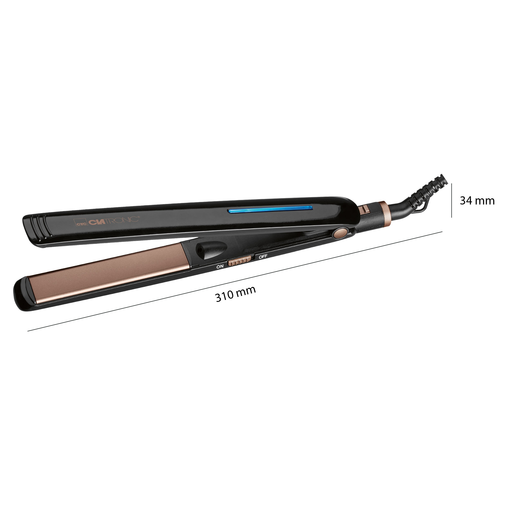 Schwarzer und goldener Haarglätter mit Abmessungen. Blaue Lichtanzeige ist an.