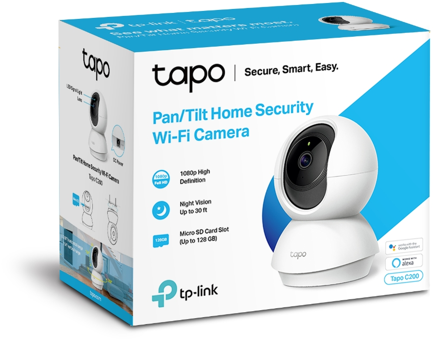 Weiße Tapo-Sicherheitskamera auf einer Box. Merkmale sind 1080p, Nachtsicht und ein Micro-SD-Kartensteckplatz.