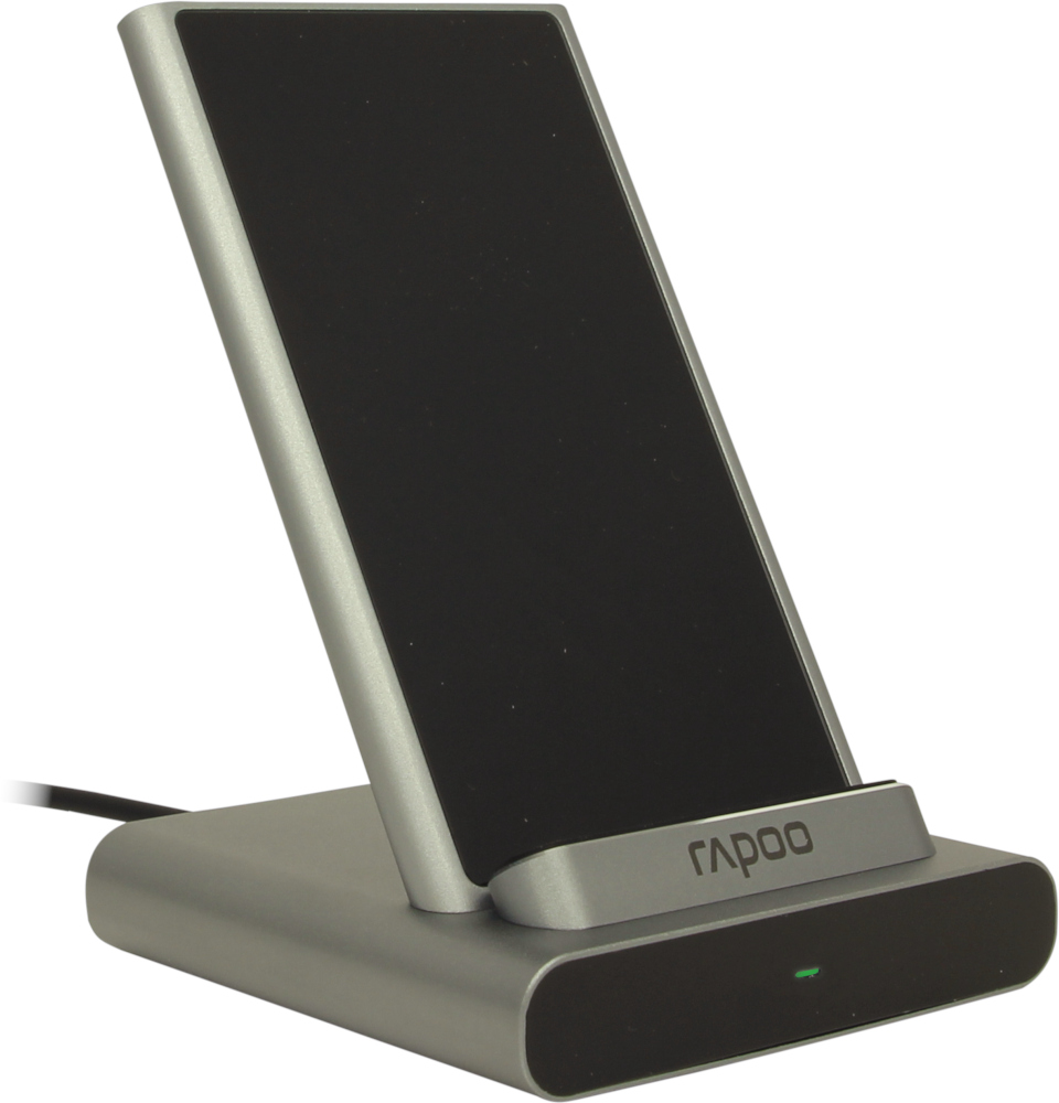 Zilveren en zwarte telefoon oplaadstandaard met de merknaam Rapoo.
