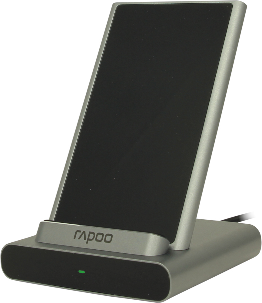 Draadloze telefoonlader, zilver en zwart, zijaanzicht.