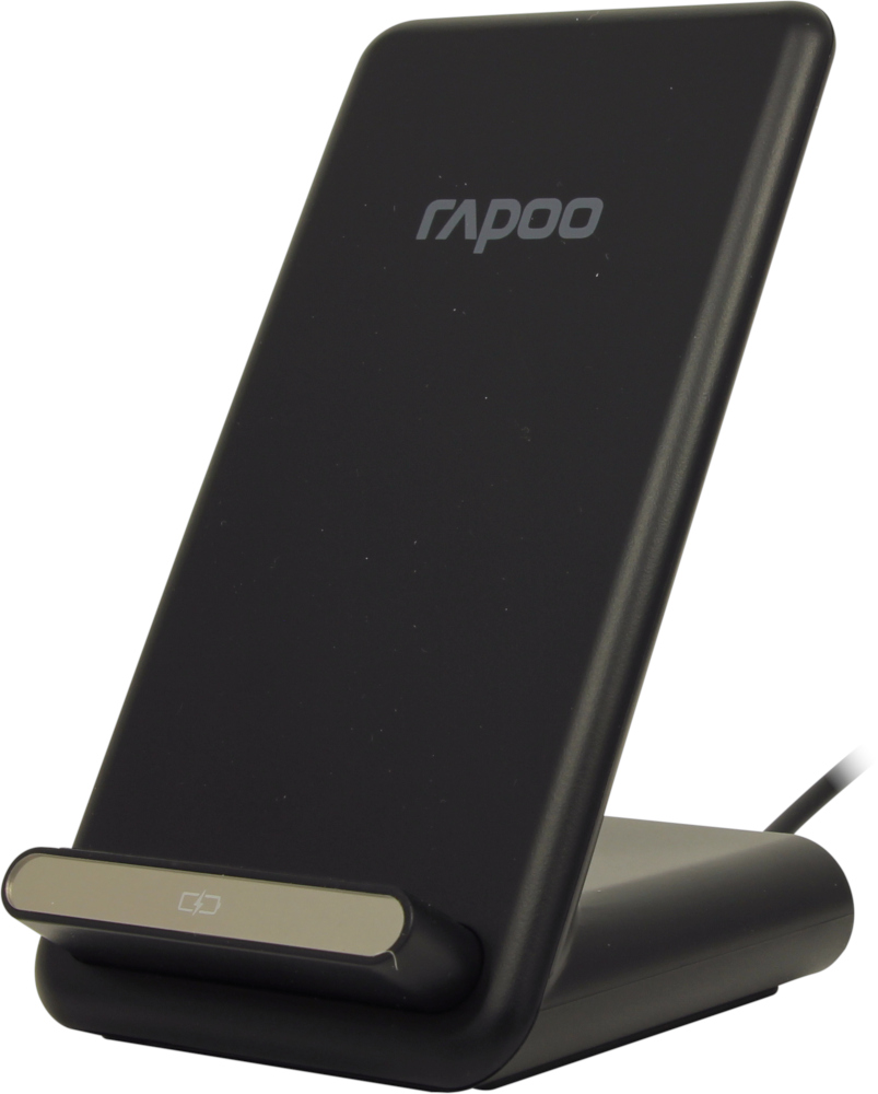 Zwarte draadloze telefoonoplader met een verhoogde standaard.