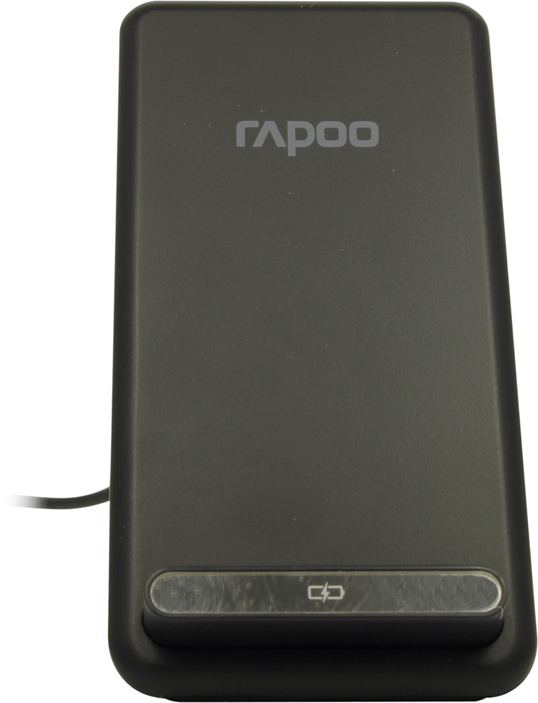 Een zwart draadloos oplaadpad van Rapoo met een oplaadindicator.