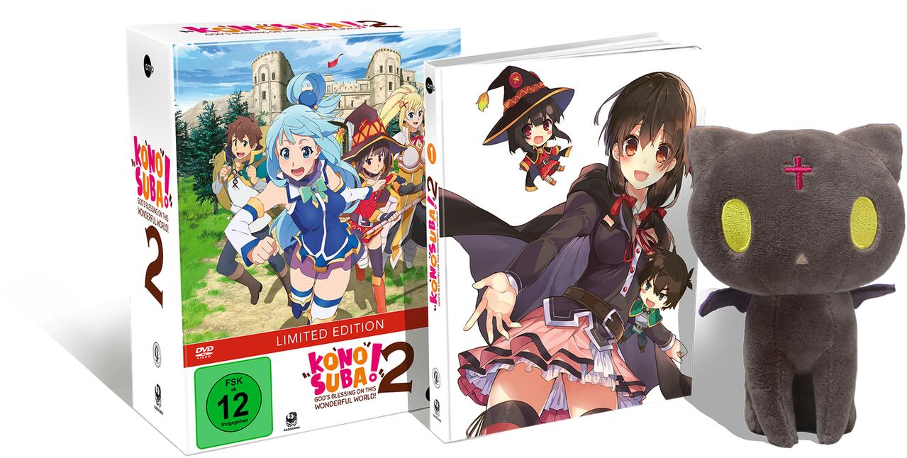 Anime-DVD-Box-Set, eine Figur und ein Stofftier.
