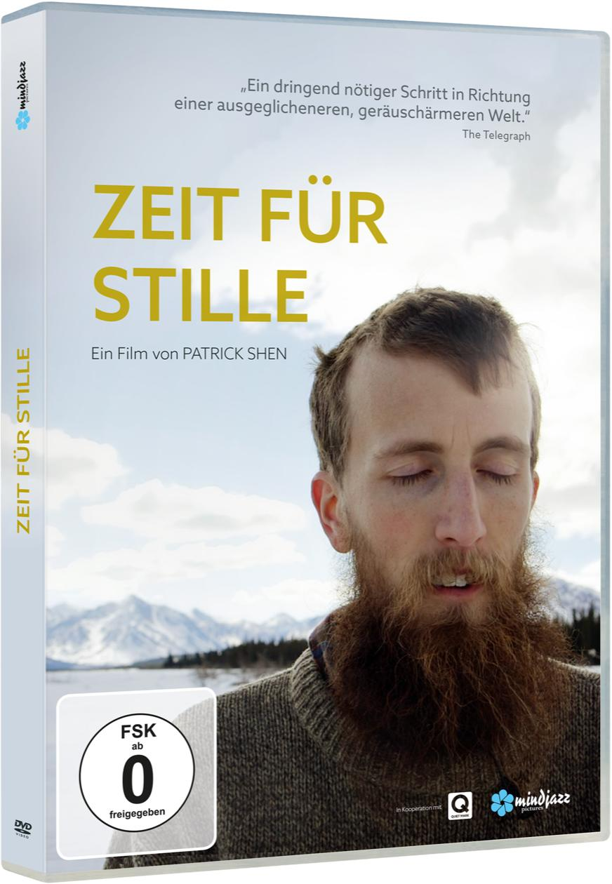 DVD-Cover: Mann mit Bart, Augen geschlossen. Titel: Zeit Für Stille. Berge im Hintergrund. Text: 'Ein dringend nötiger Schritt…'