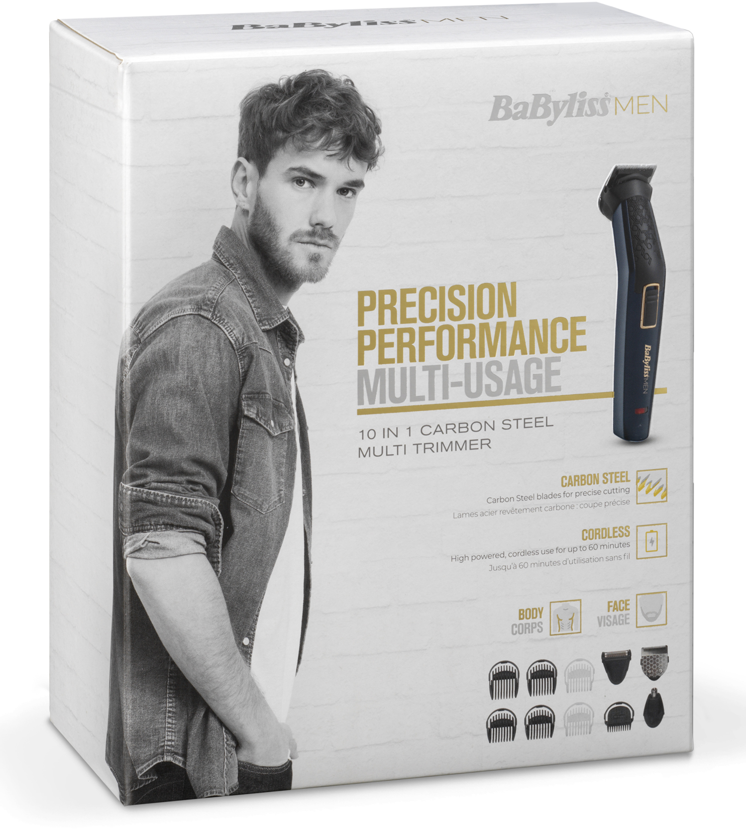 A box with a man on it and text: Precision Performance Multi-Usage.