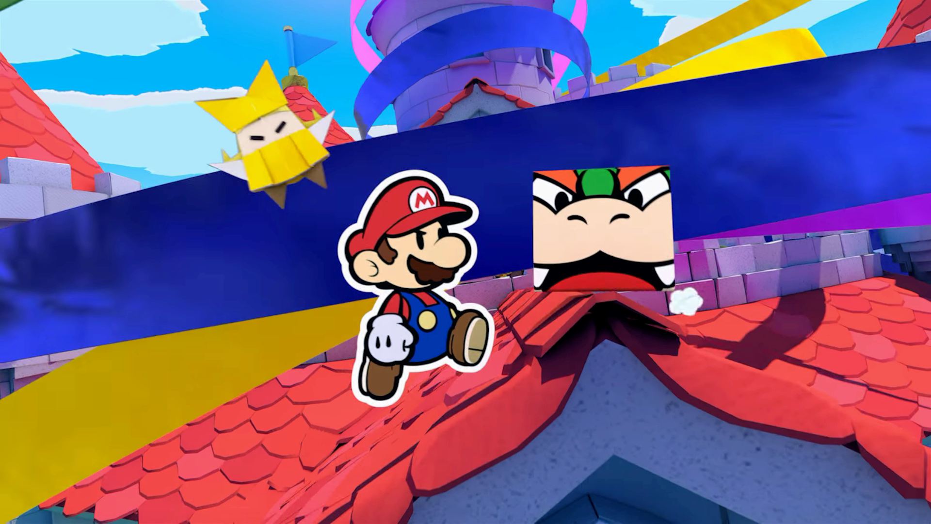 Mario und Bowser Charaktere in einer bunten Spielszene. Weißer Hintergrund.