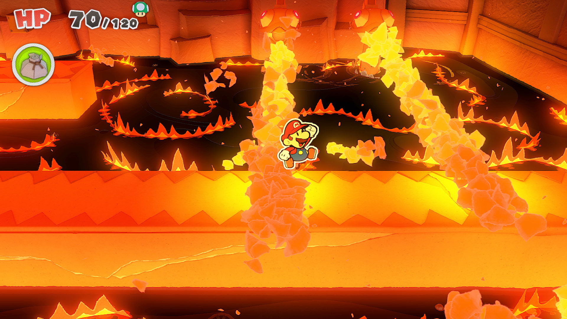 Mario springt über Lava in einer Videospielumgebung.