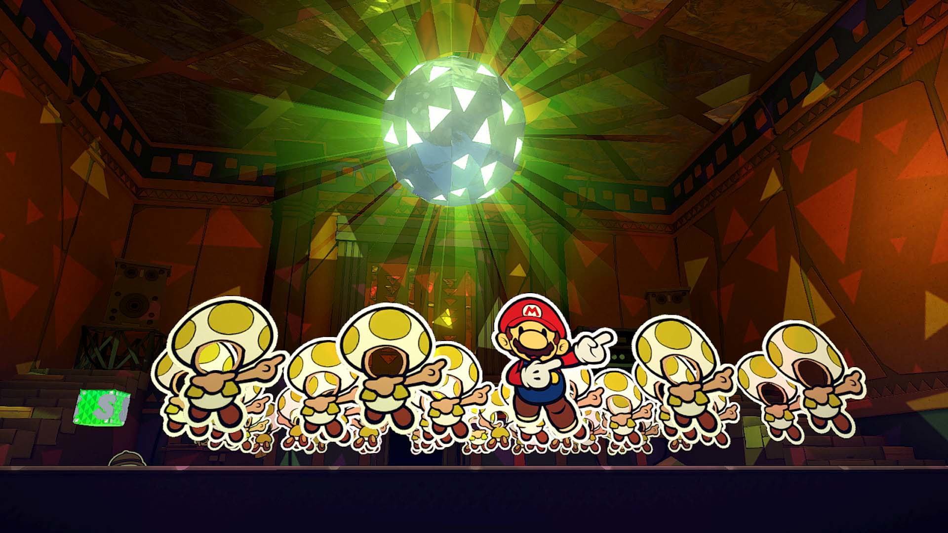 Mario und mehrere pilzförmige Charaktere tanzen in einer bunten, beleuchteten Disco-ähnlichen Umgebung.