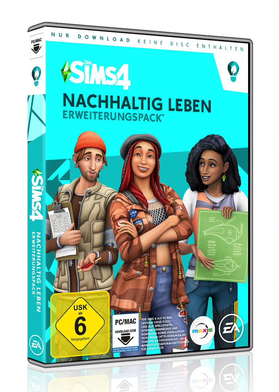 Sims 4 Spielbox mit drei Charakteren und Text.