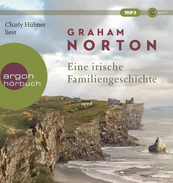 Albumcover. Klippen über Wasser. Text: GRAHAM NORTON, Eine irische Familiengeschichte. Bild eines Buches mit grünem Kreis.